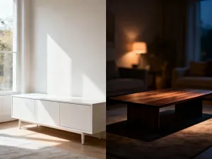 Elegancko nakryty stół na 18. urodziny ze złotym balonem z liczbą 18, konfetti i nastrojowym oświetleniem w tle.