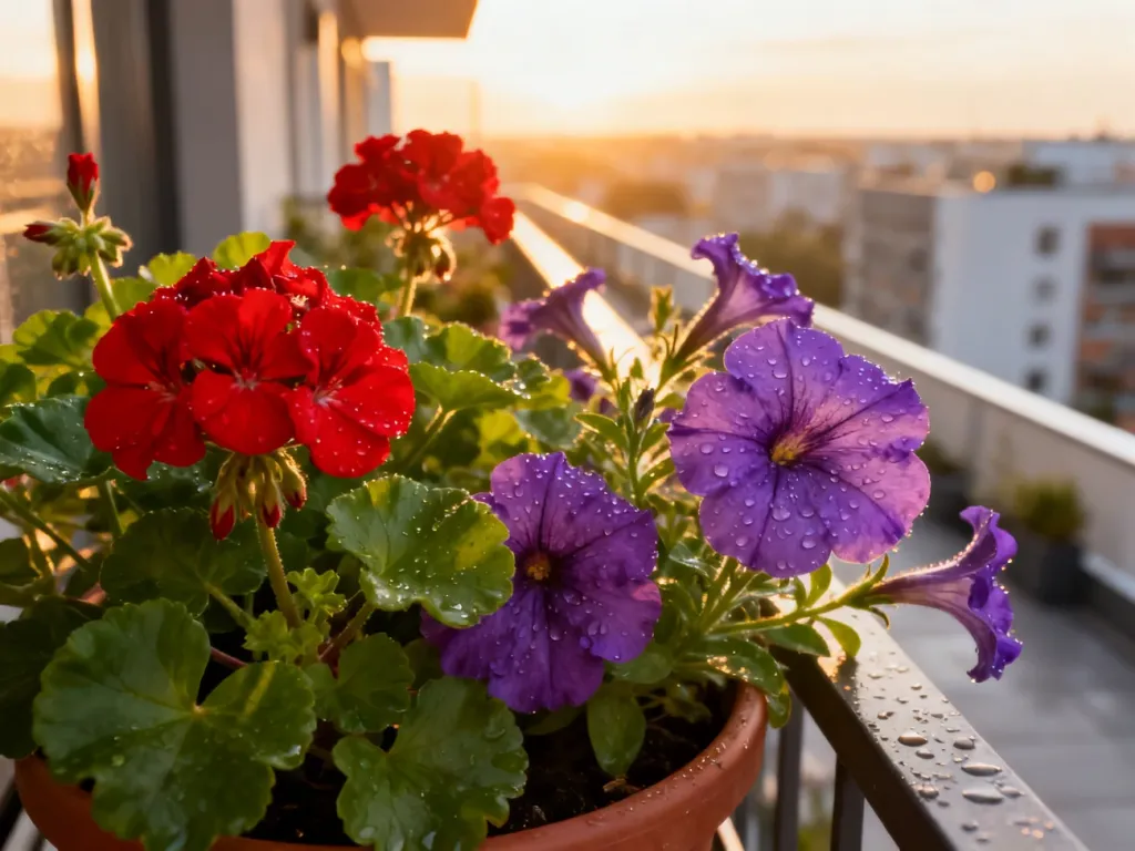 Kwitnące pelargonie i petunie w doniczkach na słonecznym balkonie z widokiem na miasto o zachodzie słońca.