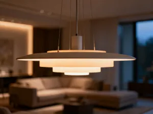 Nowoczesny salon o zmierzchu z designerską lampą podłogową, która tworzy przytulny, ciepły nastrój w pomieszczeniu.