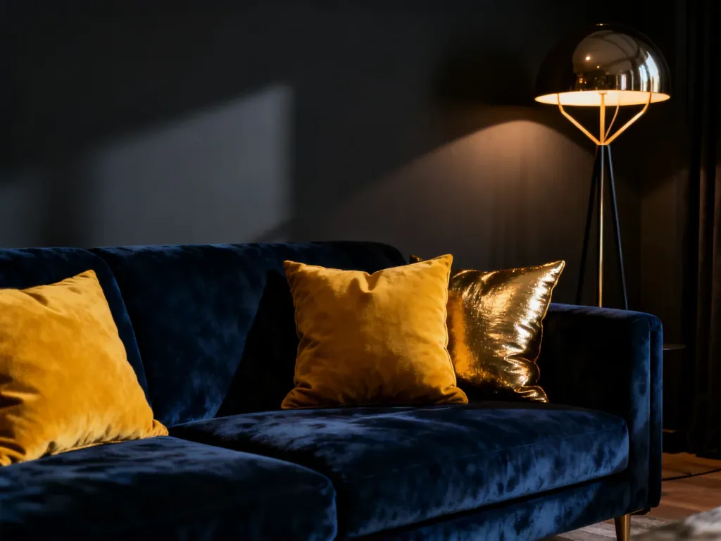 Elegancki salon w ciemnych barwach z granatową sofą, musztardowymi poduszkami i nastrojowym oświetleniem.
