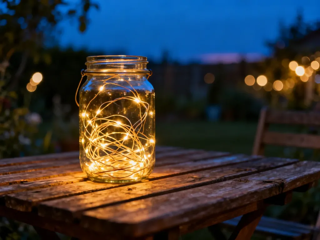 Własnoręcznie wykonana lampa ogrodowa ze szklanego słoika z diodami LED, ustawiona na drewnianym stole w przytulnym ogrodzie.