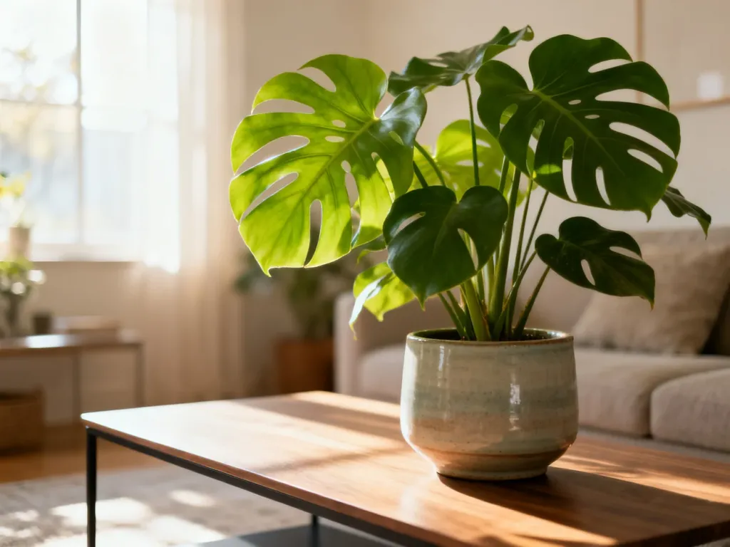 Monstera w ceramicznej doniczce na drewnianym stoliku w jasnym, przytulnym salonie.