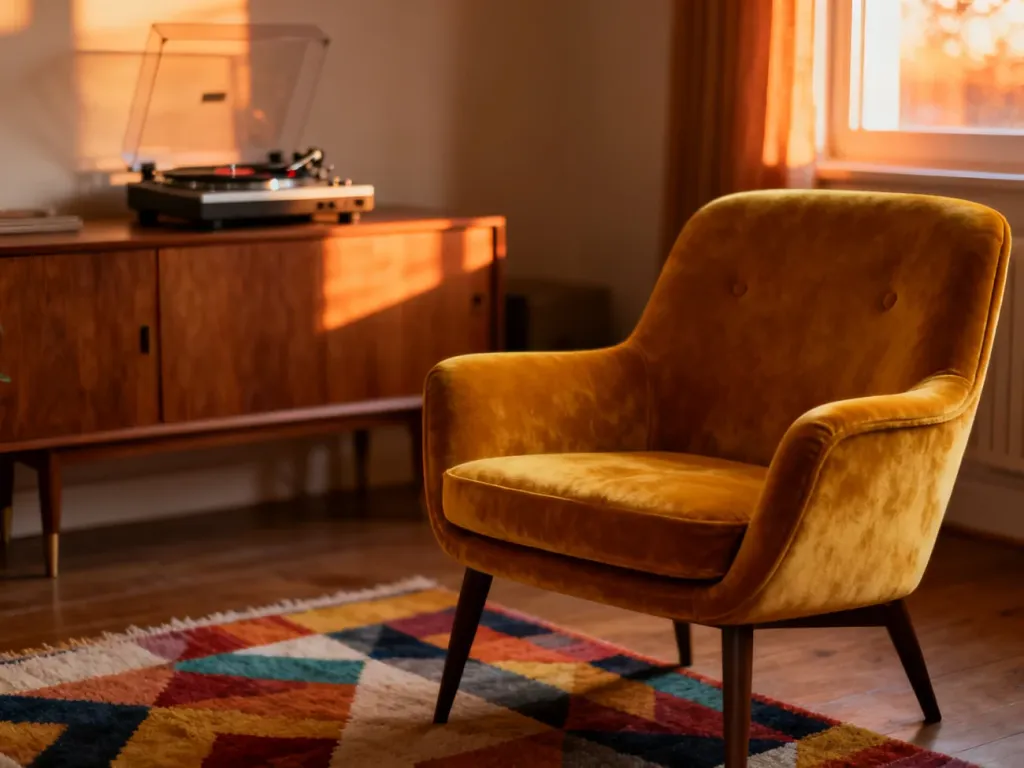 Przytulny salon w stylu retro z musztardowym fotelem, gramofonem i ciepłym oświetleniem tworzącym nostalgiczny klimat.
