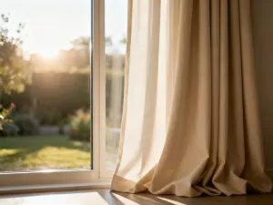 Beżowy fotel i mosiężna lampa na tle brązowych ścian, tworzące przytulną i stylową aranżację salonu.