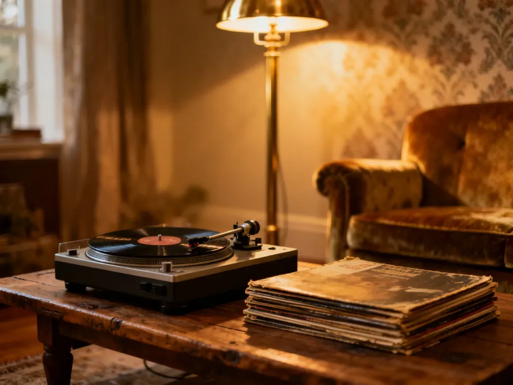 Gramofon i płyty winylowe na drewnianym stoliku w przytulnym salonie w stylu vintage.