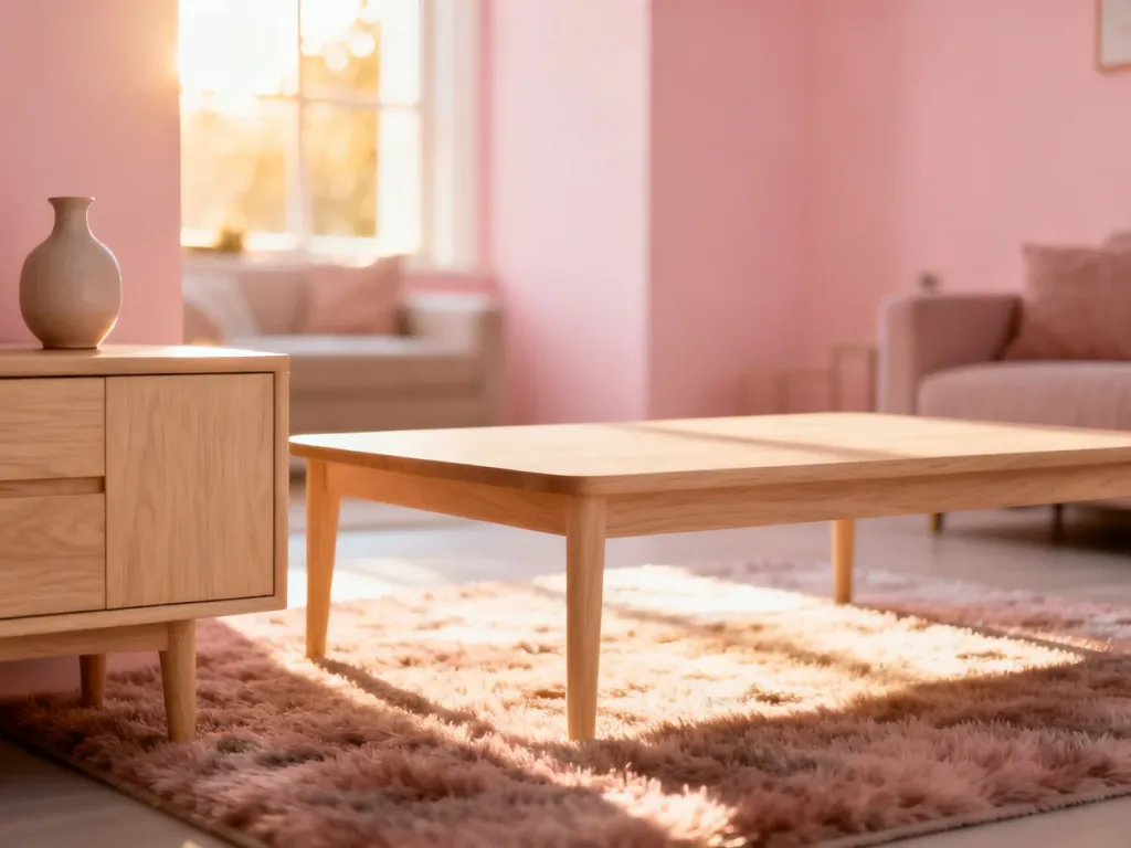 Minimalistyczny stolik kawowy z jasnego drewna na tle pastelowo-różowych ścian w przytulnym salonie.