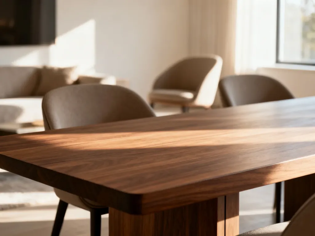 Nowoczesny, drewniany stół w jasnej jadalni, prezentujący precyzyjne wykonanie i naturalną fakturę blatu.