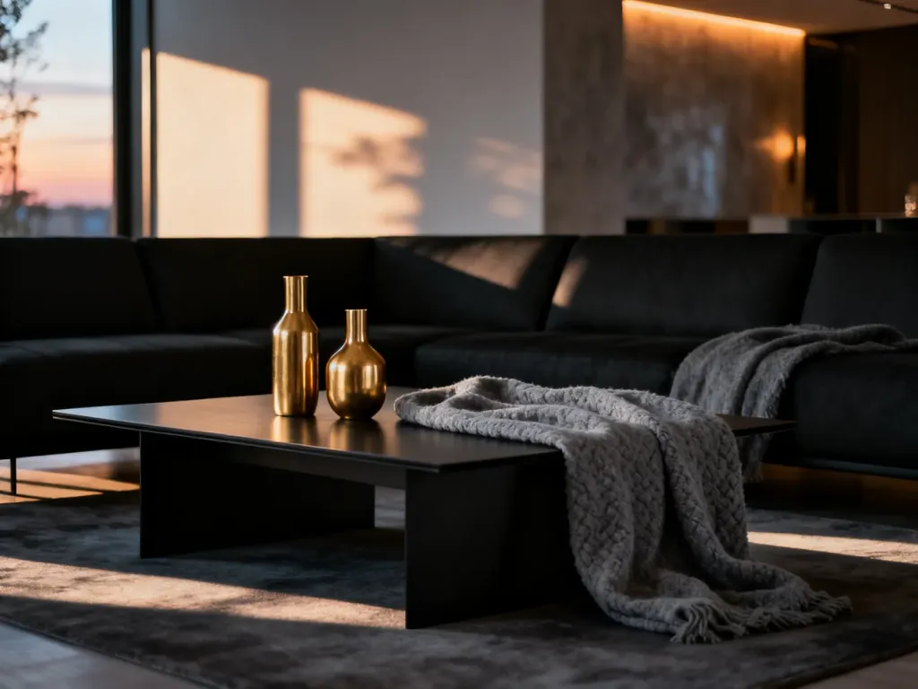 Nowoczesny salon z czarnymi meblami, złotymi dodatkami i szarym kocem, tworzący elegancką i przytulną atmosferę.