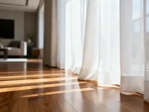 Przytulny balkon z drewnianym stolikiem, kawą i lawendą, zachęcający do relaksu w blasku zachodzącego słońca.
