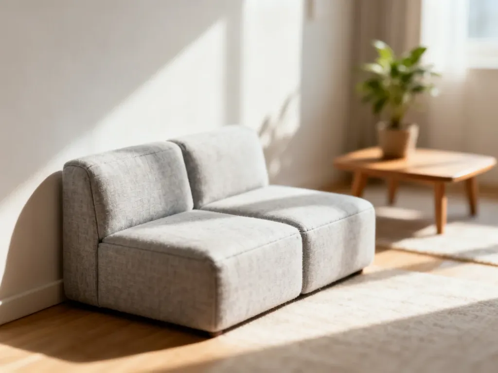 Jasnoszara, kompaktowa sofa w przytulnym, małym salonie, która optycznie powiększa przestrzeń dzięki minimalistycznemu stylowi.