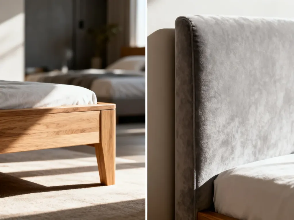 Porównanie minimalistycznego łóżka z litego drewna oraz eleganckiego modelu z tapicerowanym zagłówkiem w przytulnej sypialni.