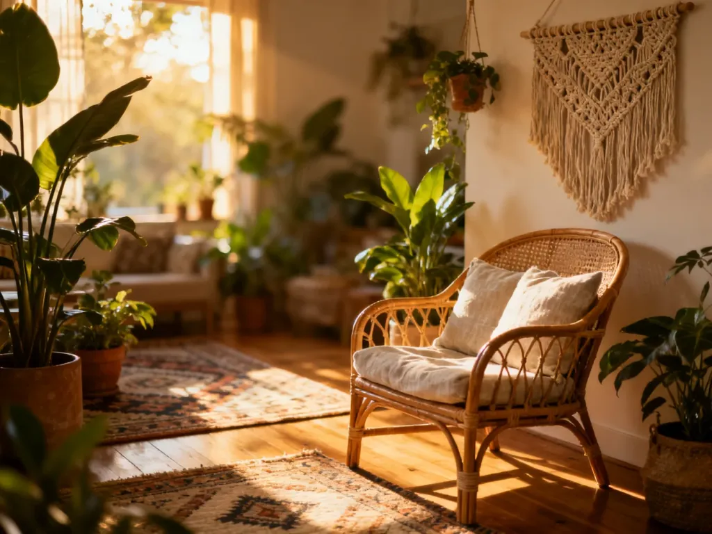Przytulny salon w stylu boho z rattanowym fotelem, makramą na ścianie i licznymi roślinami w ciepłym, naturalnym świetle.