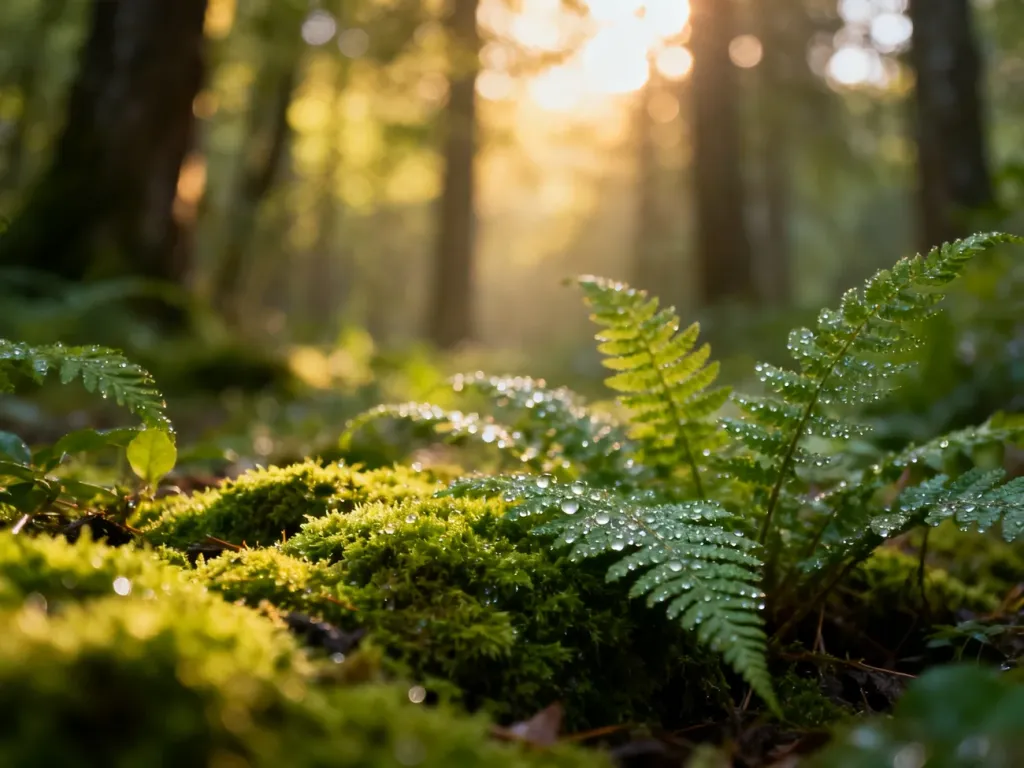 Soczysta, zielona roślinność leśna z mchem i paprociami w porannym świetle, symbolizująca naturę oraz świeżość.