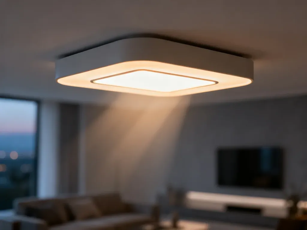 Nowoczesna lampa sufitowa z wbudowanym modułem LED emitująca ciepłe, nastrojowe światło w minimalistycznym wnętrzu.