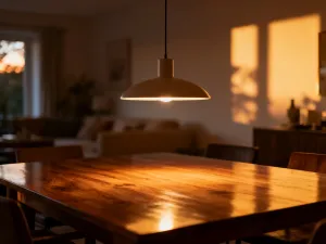 Granatowa sofa i dębowy stolik kawowy na tle jasnoszarej podłogi w nowoczesnym salonie.