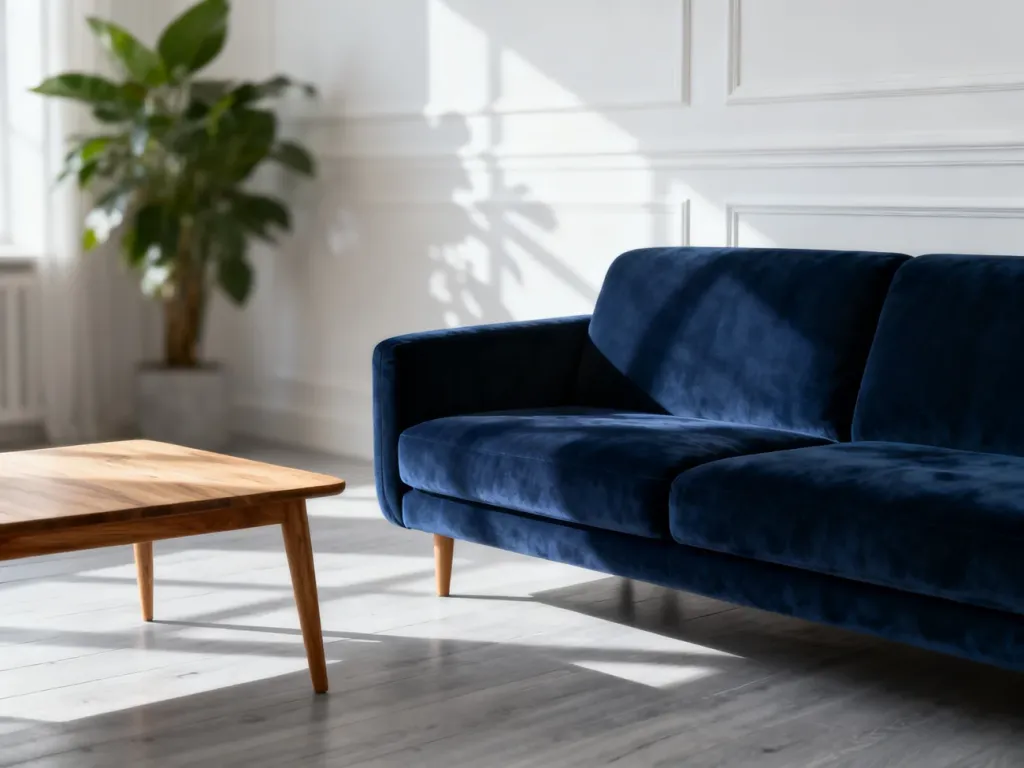 Granatowa sofa i dębowy stolik kawowy na tle jasnoszarej podłogi w nowoczesnym salonie.