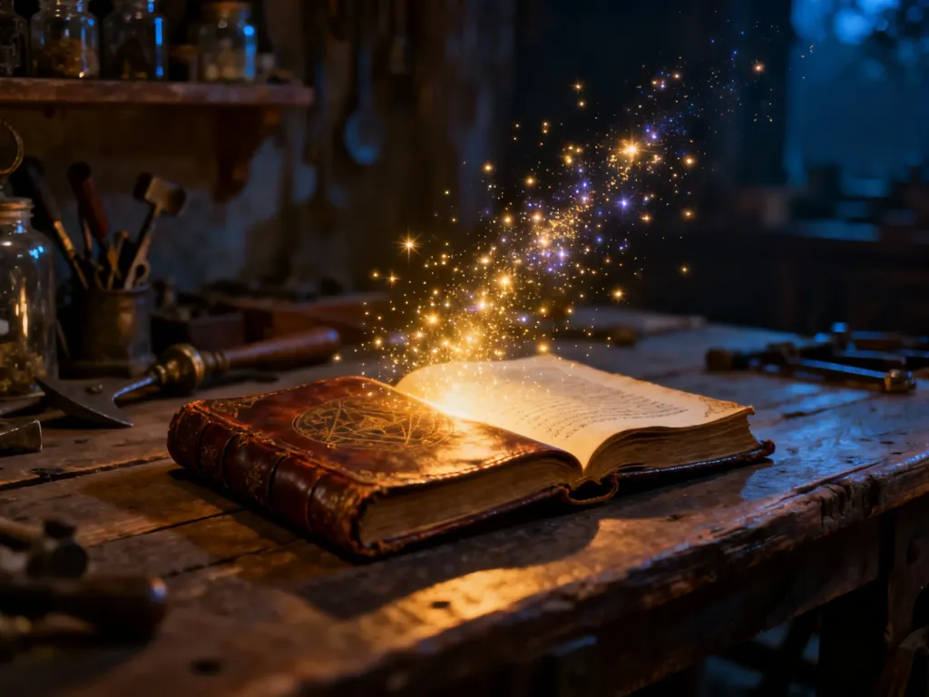 Stara księga zaklęć z unoszącym się magicznym pyłem na drewnianym stole w klimatycznym warsztacie.