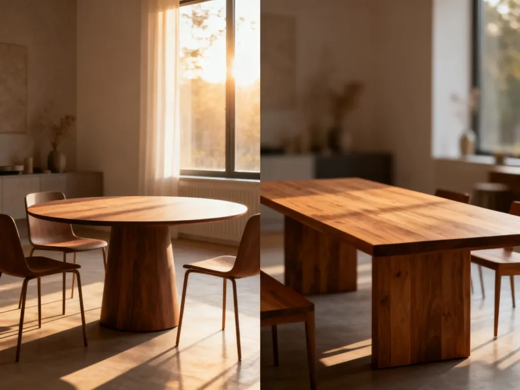 Porównanie nowoczesnego okrągłego i prostokątnego stołu w jasnej jadalni, ułatwiające wybór odpowiedniego mebla.