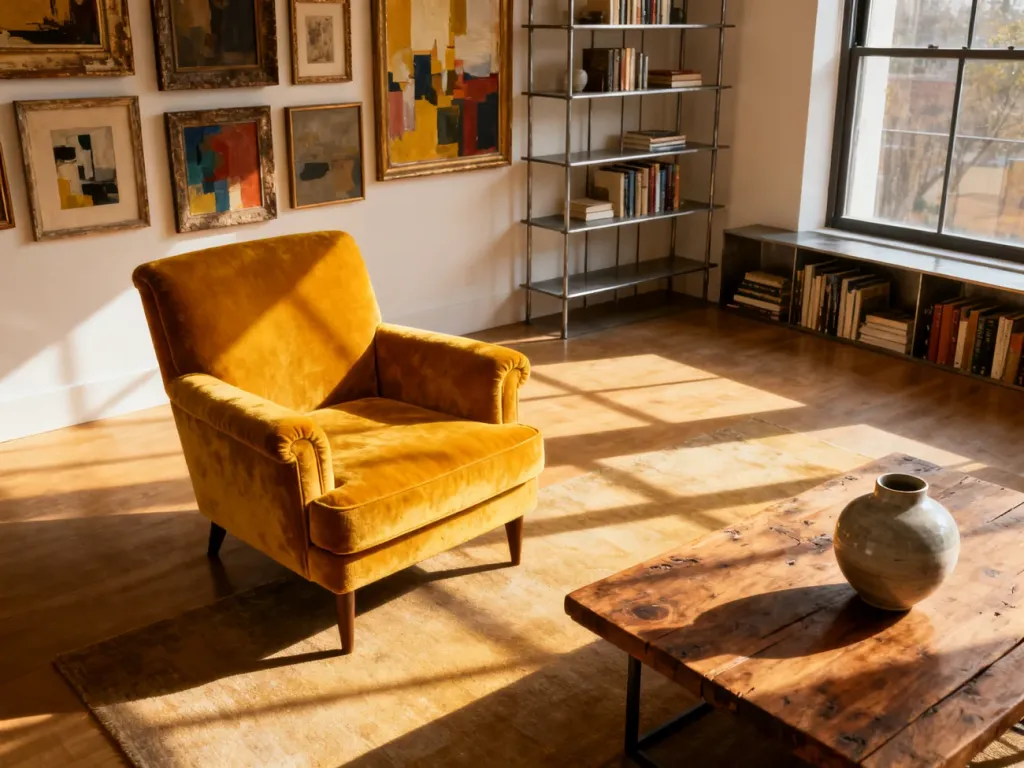 Salon w stylu eklektycznym z musztardowym fotelem, drewnianym stolikiem i galerią obrazów na ścianie.