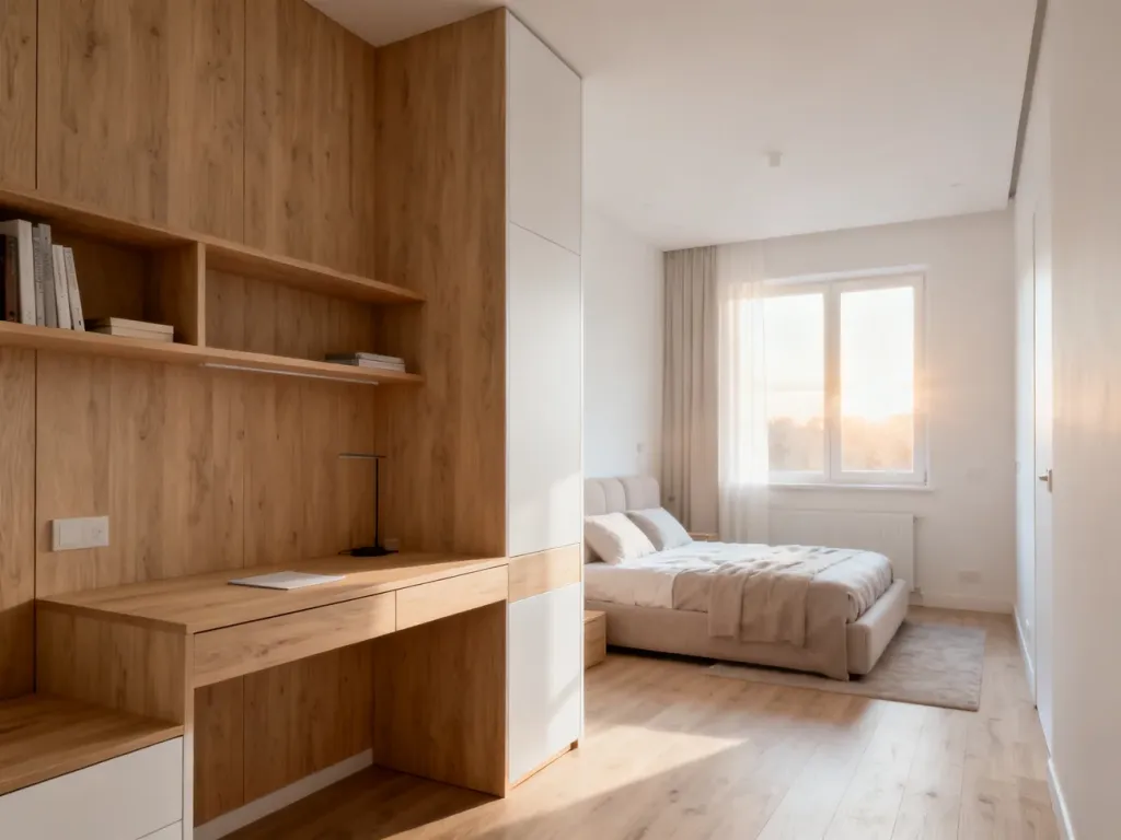 Minimalistyczne studio z wielofunkcyjną zabudową i rozkładaną sofą, prezentujące praktyczne rozwiązania w małym wnętrzu.