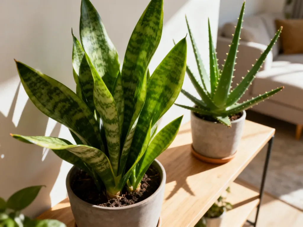 Wężownica i aloes na drewnianej półce w słonecznym salonie, podkreślające estetykę roślin oczyszczających powietrze.