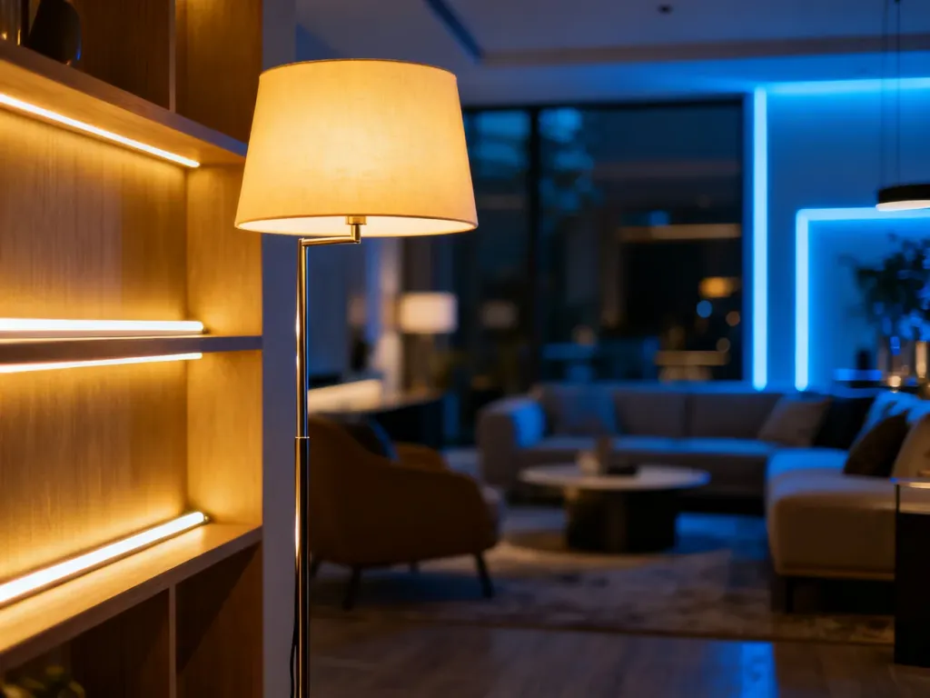 Nowoczesny salon z różnorodnym oświetleniem LED, łączącym ciepłe światło lamp podłogowych z chłodnymi akcentami na półkach.