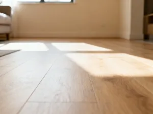 Minimalistyczne wnętrze w stylu wabi-sabi z ręcznie robionym wazonem na drewnianym stole w ciepłym świetle poranka.