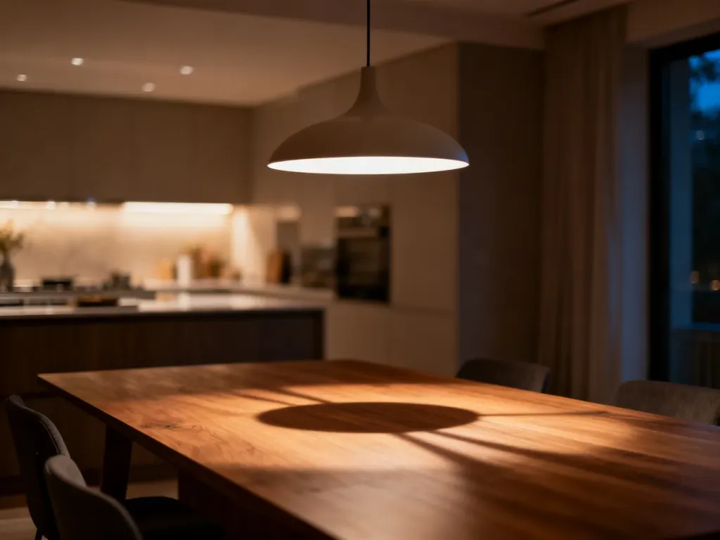 Nowoczesna jadalnia z minimalistycznym drewnianym stołem i designerską lampą wiszącą, tworzącą przytulny nastrój.