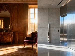Eleganckie, białe firany z lnu zawieszone na dwóch oknach w jasnym, nowoczesnym salonie.