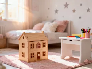 Minimalistyczna komoda w sypialni z wazonem z trawą pampasową, książkami i świecą w ciepłym, porannym świetle.
