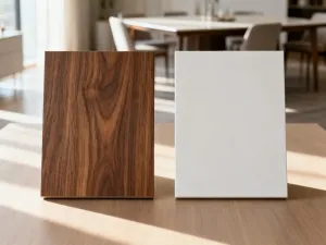 Nowoczesna lampa podłogowa z materiałowym kloszem, tworząca przytulny, ciepły nastrój w minimalistycznym salonie.