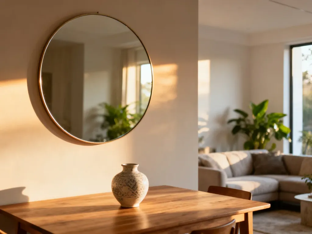 Okrągłe lustro nad minimalistycznym stołem w jasnym salonie, tworzące elegancką i przytulną przestrzeń jadalnianą.