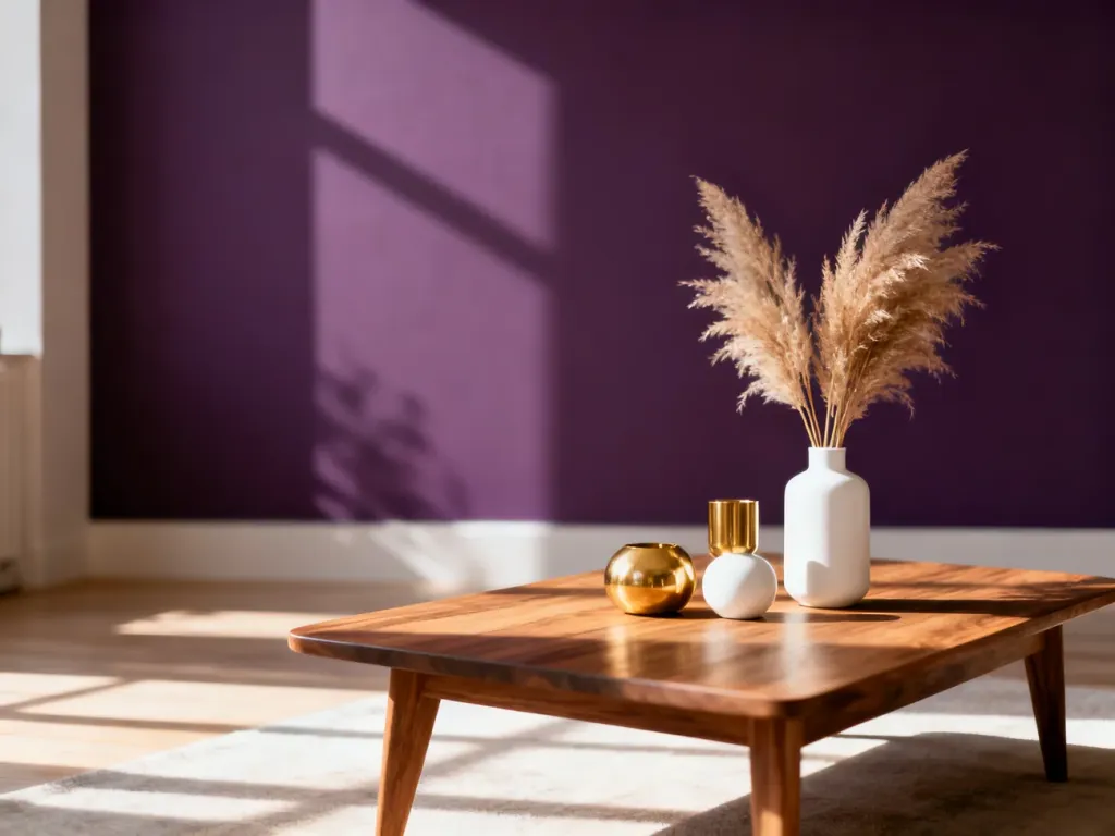 Stylowy salon z fioletową ścianą w tle, udekorowany drewnianym stolikiem kawowym z dodatkami w kolorze złota i bieli.