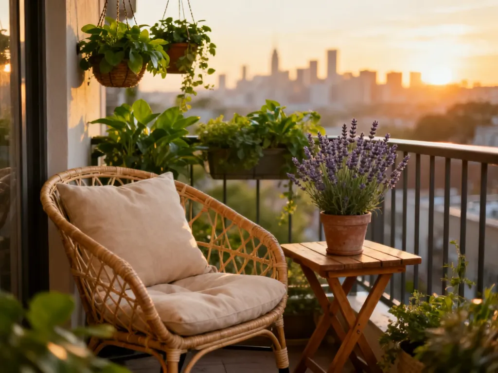 Przytulny balkon w bloku z rattanowym fotelem, drewnianym stolikiem i lawendą na tle zachodzącego słońca.