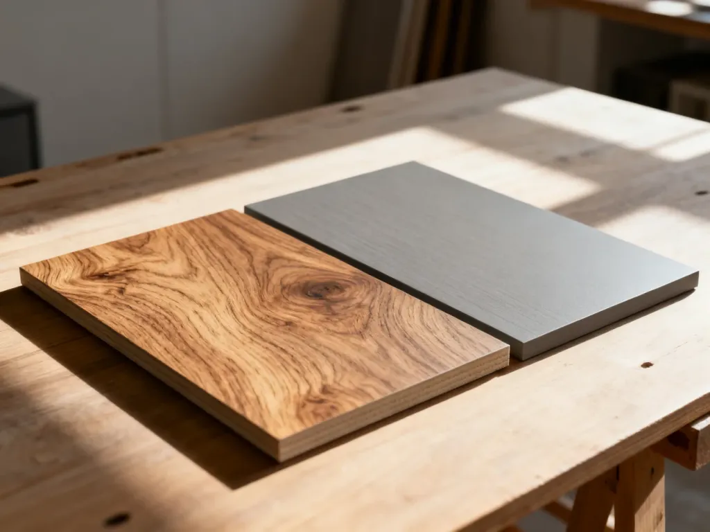 Porównanie próbek forniru o naturalnym usłojeniu oraz gładkiego, szarego laminatu na drewnianym blacie.