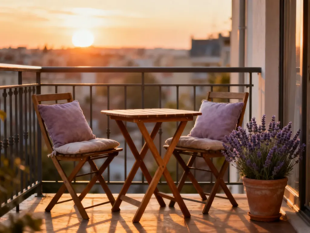 Przytulny balkon z drewnianym stolikiem, krzesłami z poduszkami i lawendą na tle zachodzącego słońca nad miastem.