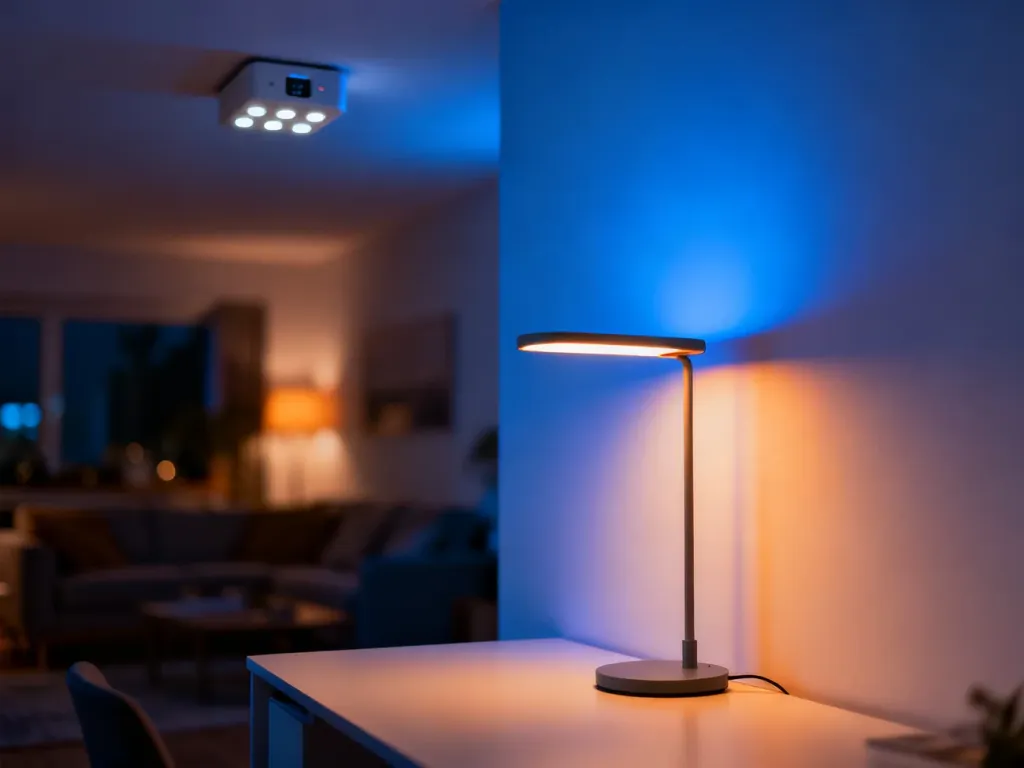 Minimalistyczna lampa biurkowa z regulowaną barwą światła w nowoczesnym wnętrzu typu smart home.