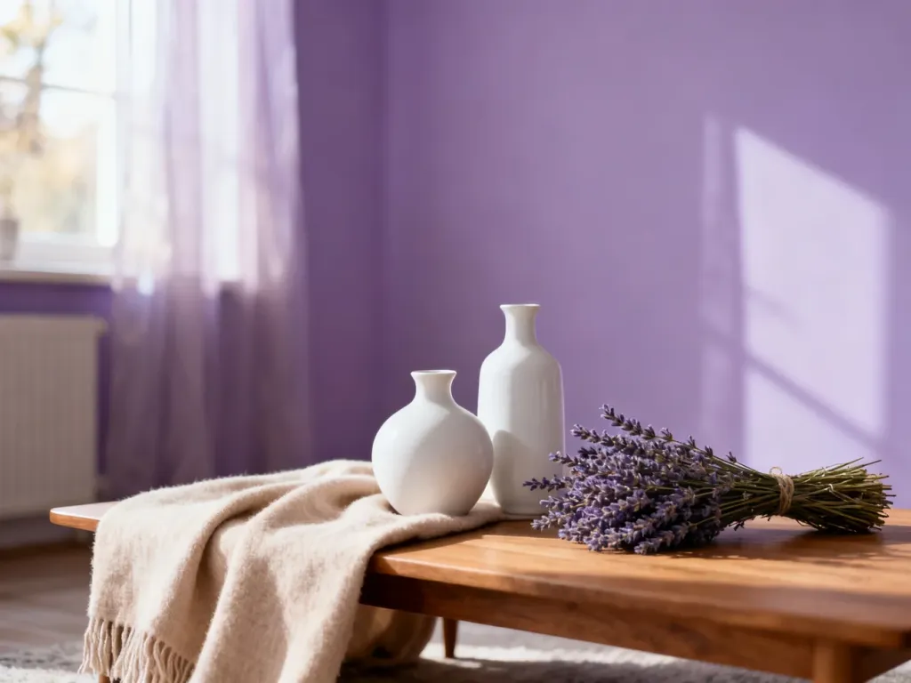 Przytulny salon z lawendowymi ścianami, drewnianym stolikiem kawowym i jasnymi dodatkami w minimalistycznym stylu.