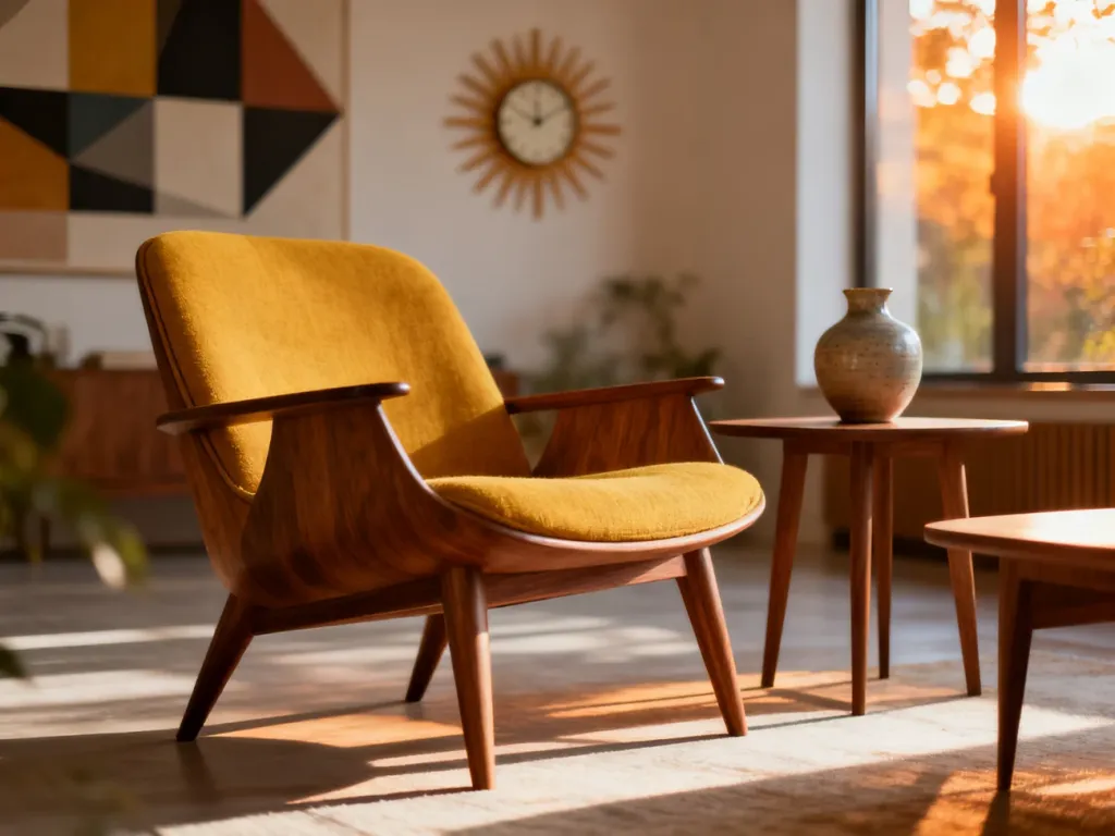 Salon w stylu mid-century modern z ikonicznym drewnianym fotelem, musztardową poduszką i minimalistycznym stolikiem.