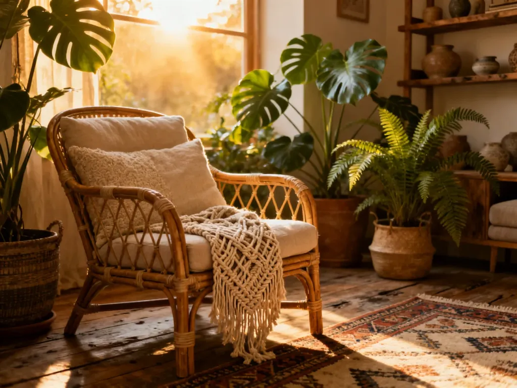 Przytulny salon w stylu boho z rattanowym fotelem, roślinami i ciepłym oświetleniem, tworzący spokojną atmosferę.