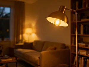 Kolekcja roślin doniczkowych, w tym monstera i sansewieria, na drewnianej półce w jasnym, nowoczesnym salonie.