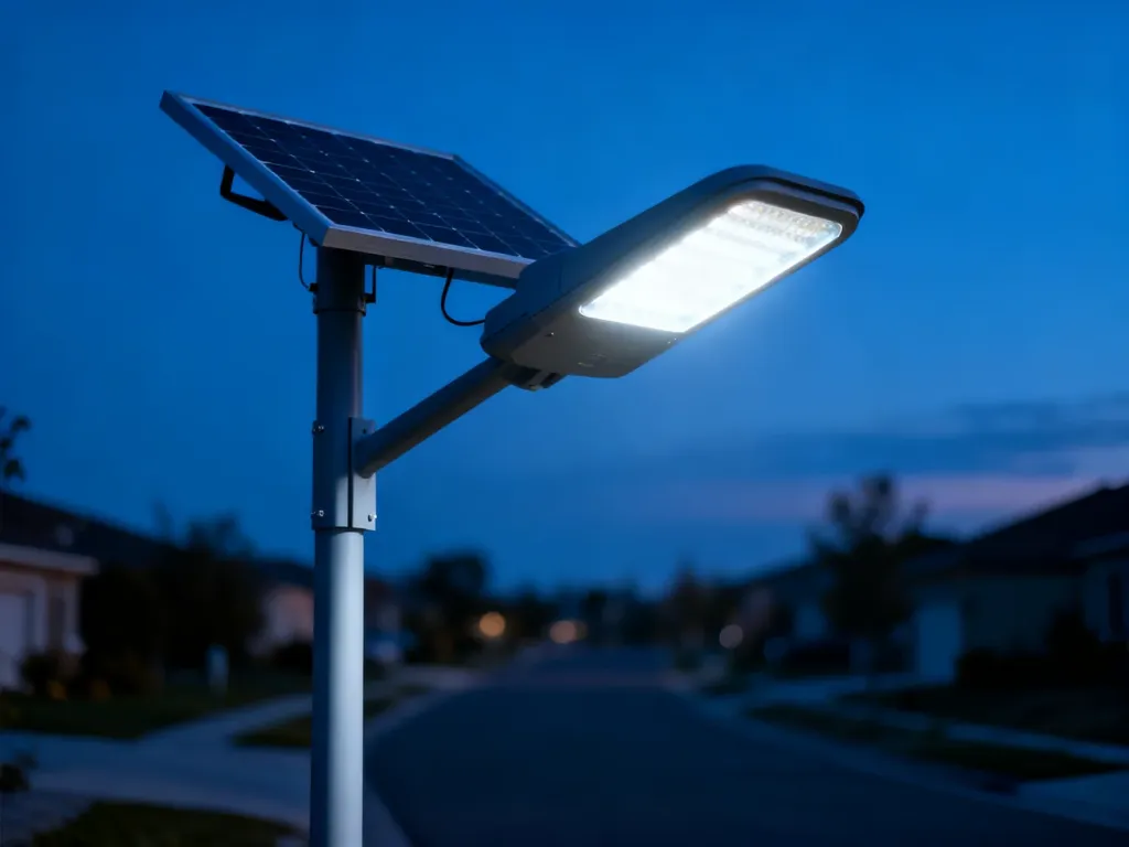 Nowoczesna lampa uliczna solarna świecąca chłodnym światłem na tle spokojnej ulicy o zmierzchu.