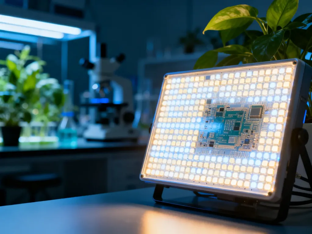Nowoczesny panel LED typu full spectrum oświetlający rośliny w laboratorium badawczym.