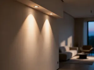 Elegancko nakryty stół na komunię z białym obrusem, delikatnymi kwiatami i złotymi sztućcami w przytulnym wnętrzu.