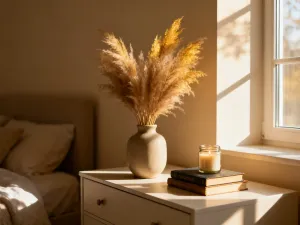 Minimalistyczny stolik kawowy z jasnego drewna na tle pastelowo-różowych ścian w przytulnym salonie.