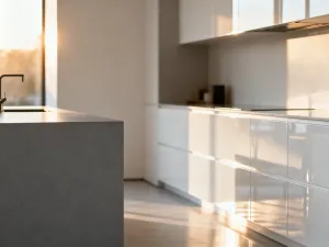 Minimalistyczny drewniany regał w nowoczesnym salonie, ozdobiony wazonami i rośliną w stylu skandynawskim.