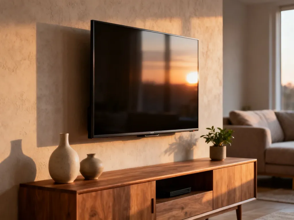 Telewizor 55 cali zamontowany na ścianie w minimalistycznym salonie, umieszczony na optymalnej wysokości dla wzroku.