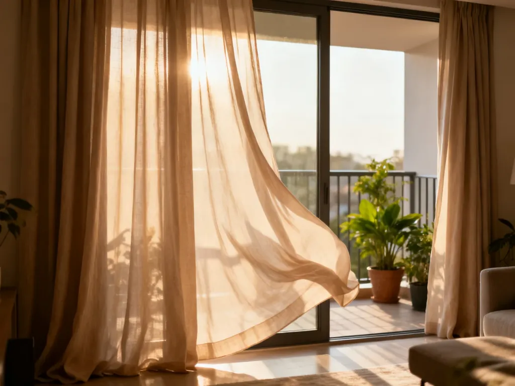 Eleganckie, beżowe zasłony sięgające podłogi w nowoczesnym salonie z wyjściem na słoneczny balkon.