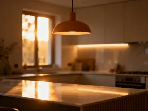 Nowoczesna łazienka z marmurową umywalką oświetloną eleganckimi kinkietami i listwami LED, tworzącymi przytulny nastrój.