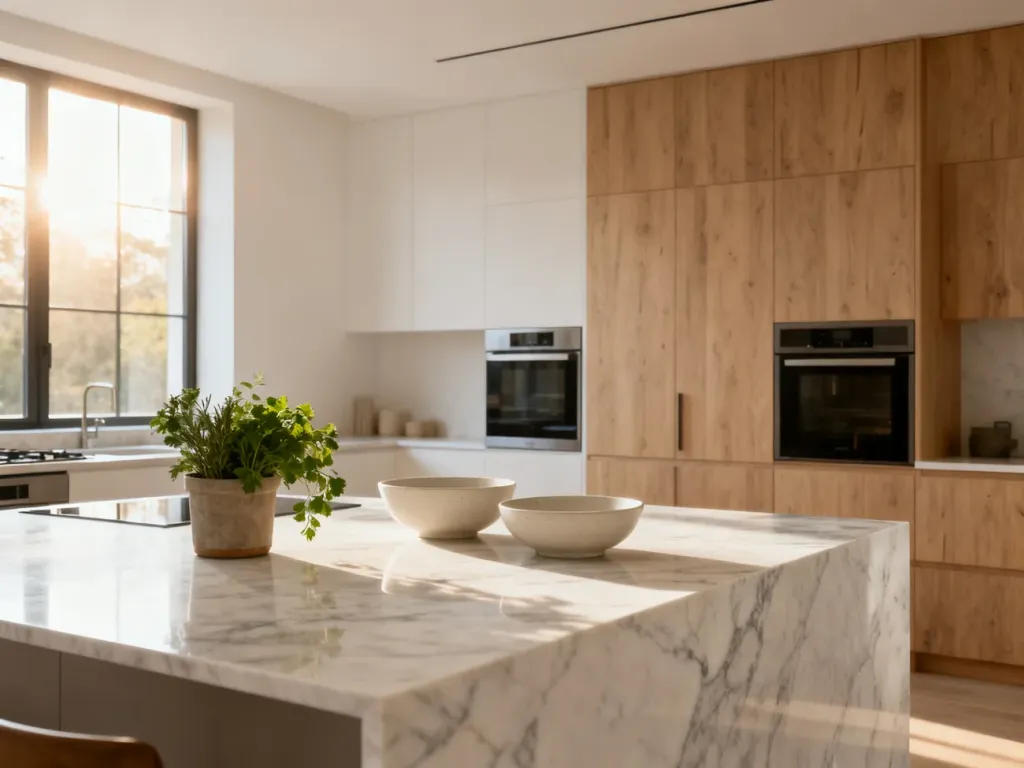 Nowoczesna kuchnia z marmurową wyspą, drewnianymi szafkami i jasną kolorystyką, utrzymana w eleganckim, minimalistycznym stylu.